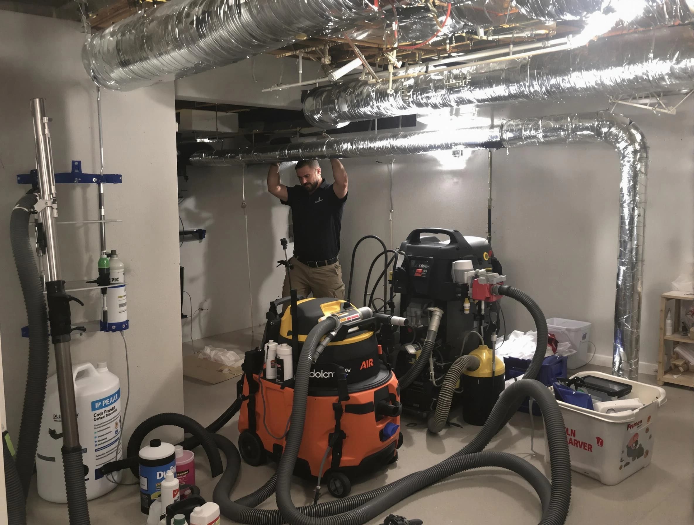 Lawrence Air Duct Cleaning specialist performing professional mold removal from air ducts using safety equipment in Lawrence