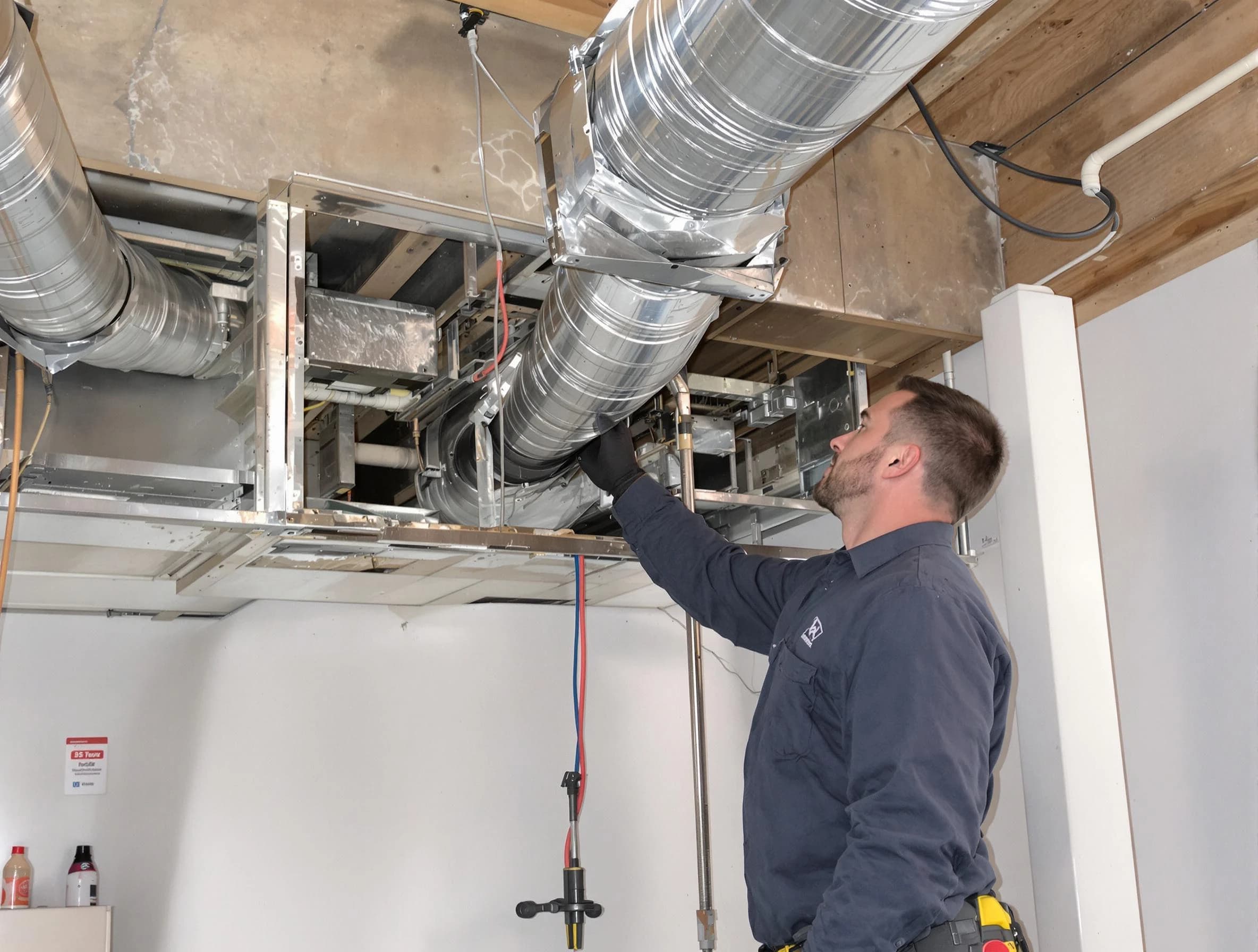 Lawrence Air Duct Cleaning technician performing professional air duct repair using specialized tools in Lawrence
