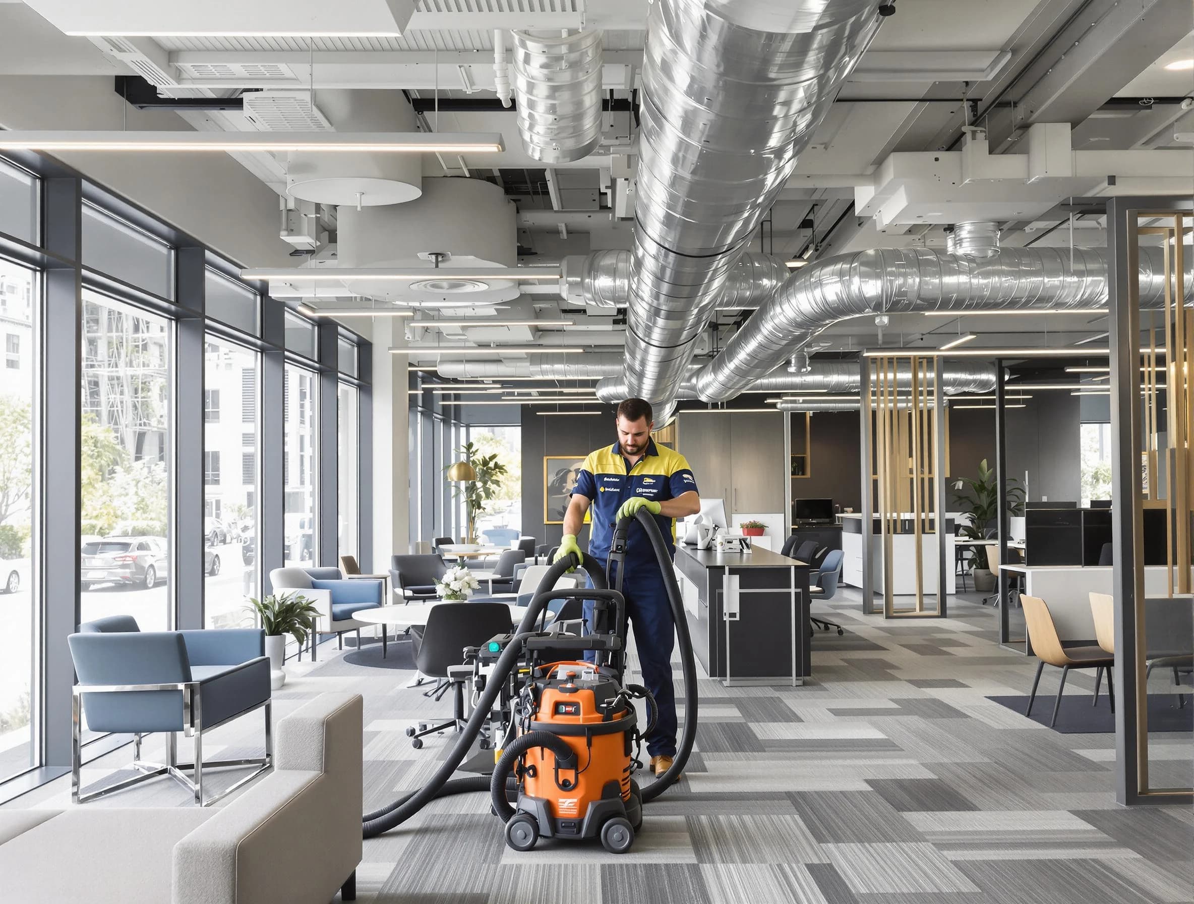 Lawrence Air Duct Cleaning team performing thorough commercial duct cleaning at a Lawrence business center